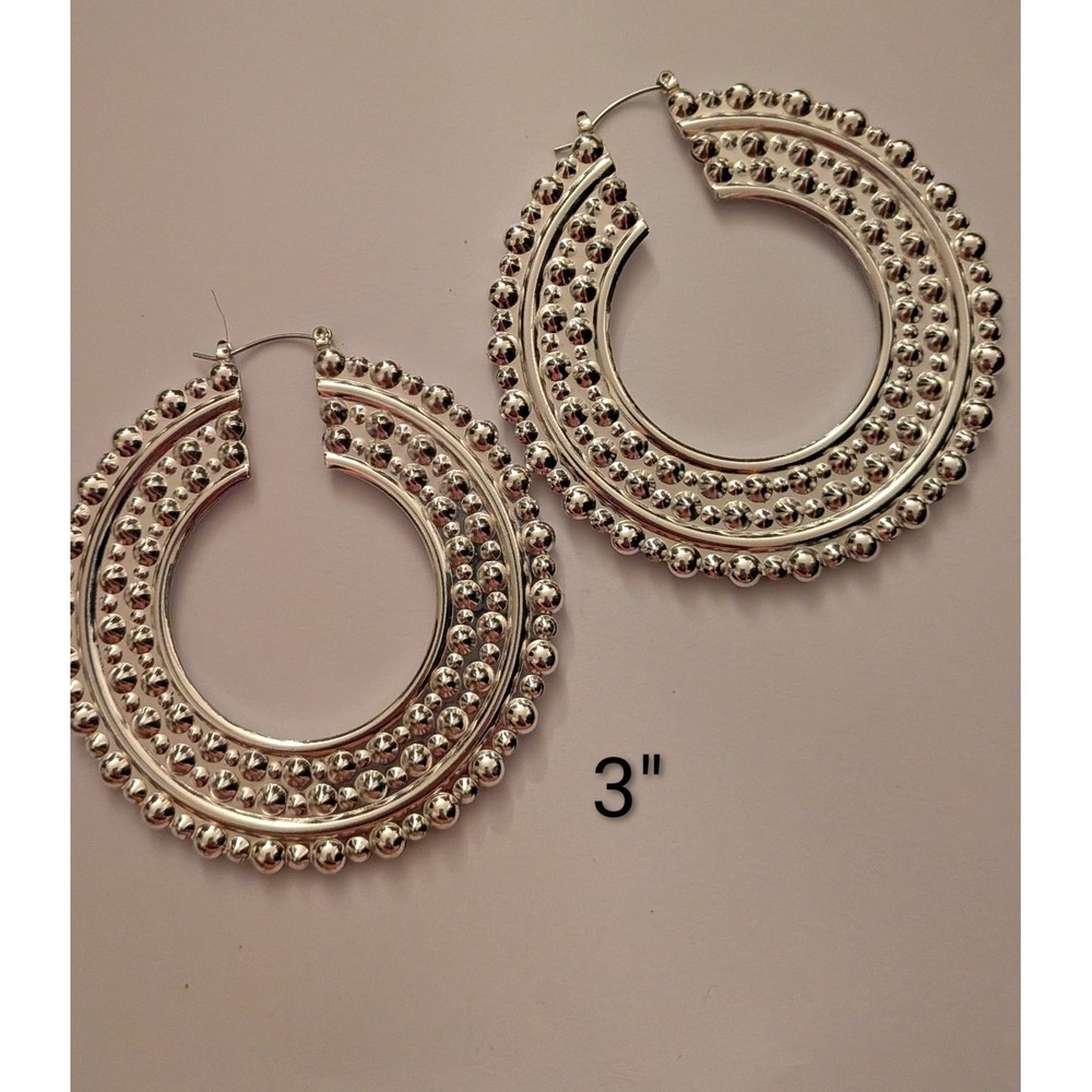 Silver Tone Multi Row Beaded Statement Hoop Earrings 3 Inch Oversized Round
